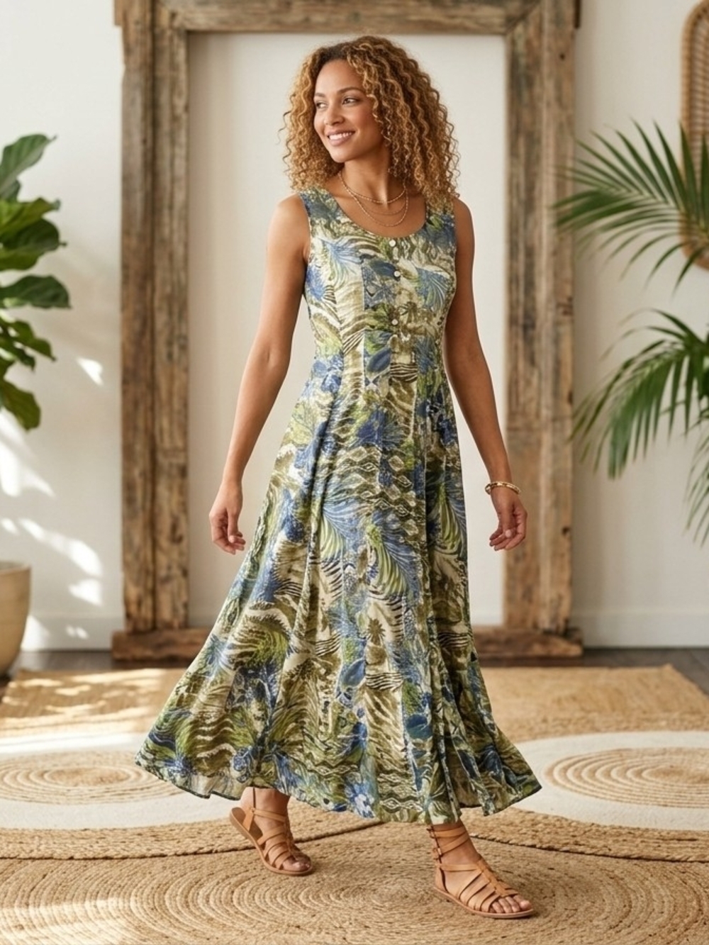 Vintage 90s Sleeveless Maxi Dress Tropical Print Whimsigoth Vacation Summer US11